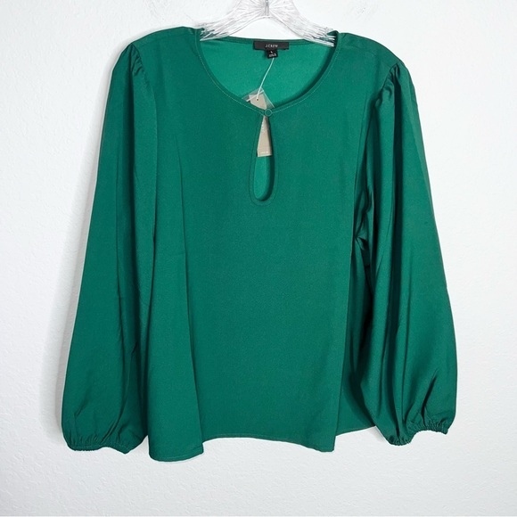 J. Crew Top Women Large Shirt Green Satin Key Hole Long Balloon Sleeve B6 - Picture 1 of 7